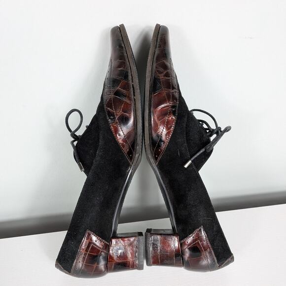 Y2K Leather Heels Lace Up Loafers 9.5 Black Brown Wingtip Suede Square Academia - Picture 6 of 11